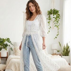 Express Sheer Ivory Metallic Dot Long Kimono Duster